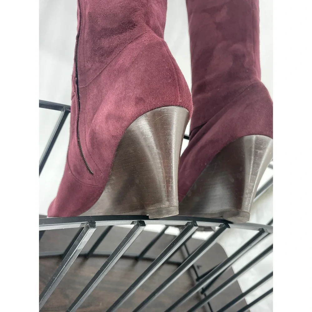 LK Bennett Plum Suede Over Knee Boots sz 39 8.5 Italian Leather Lined Wedge Heel